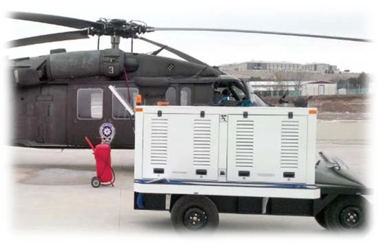 Trailer-mounted ground power unit next to a helicopter