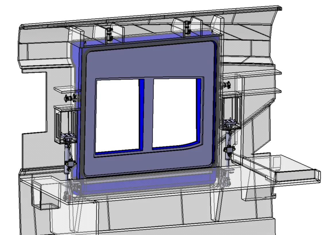 CAD model of the closed hull balcony with two hydraulic cylinders and upper hinge points