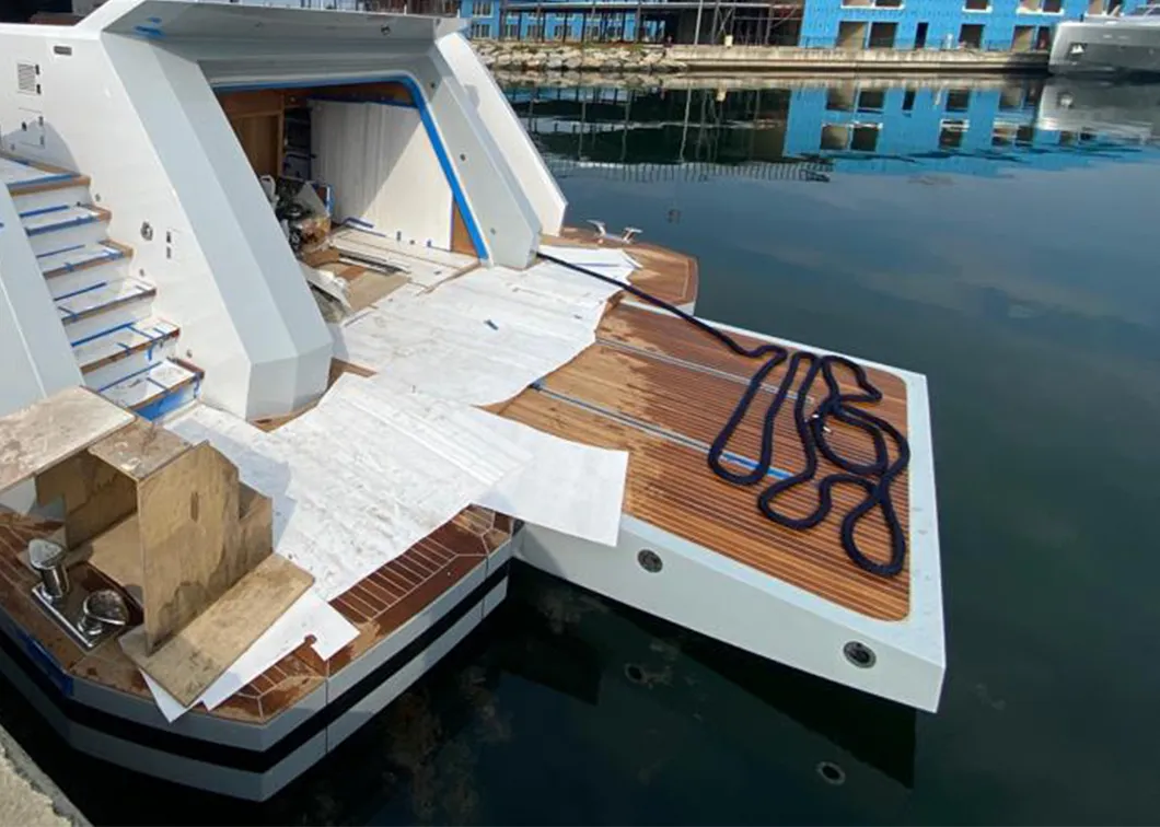 Beach club open at the stern of a motor yacht